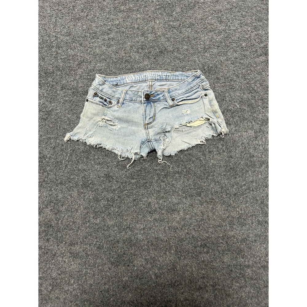 BKE Shorts Womens Size 1 Long Light Wash Distressed Denim Studded Low Rise Fray